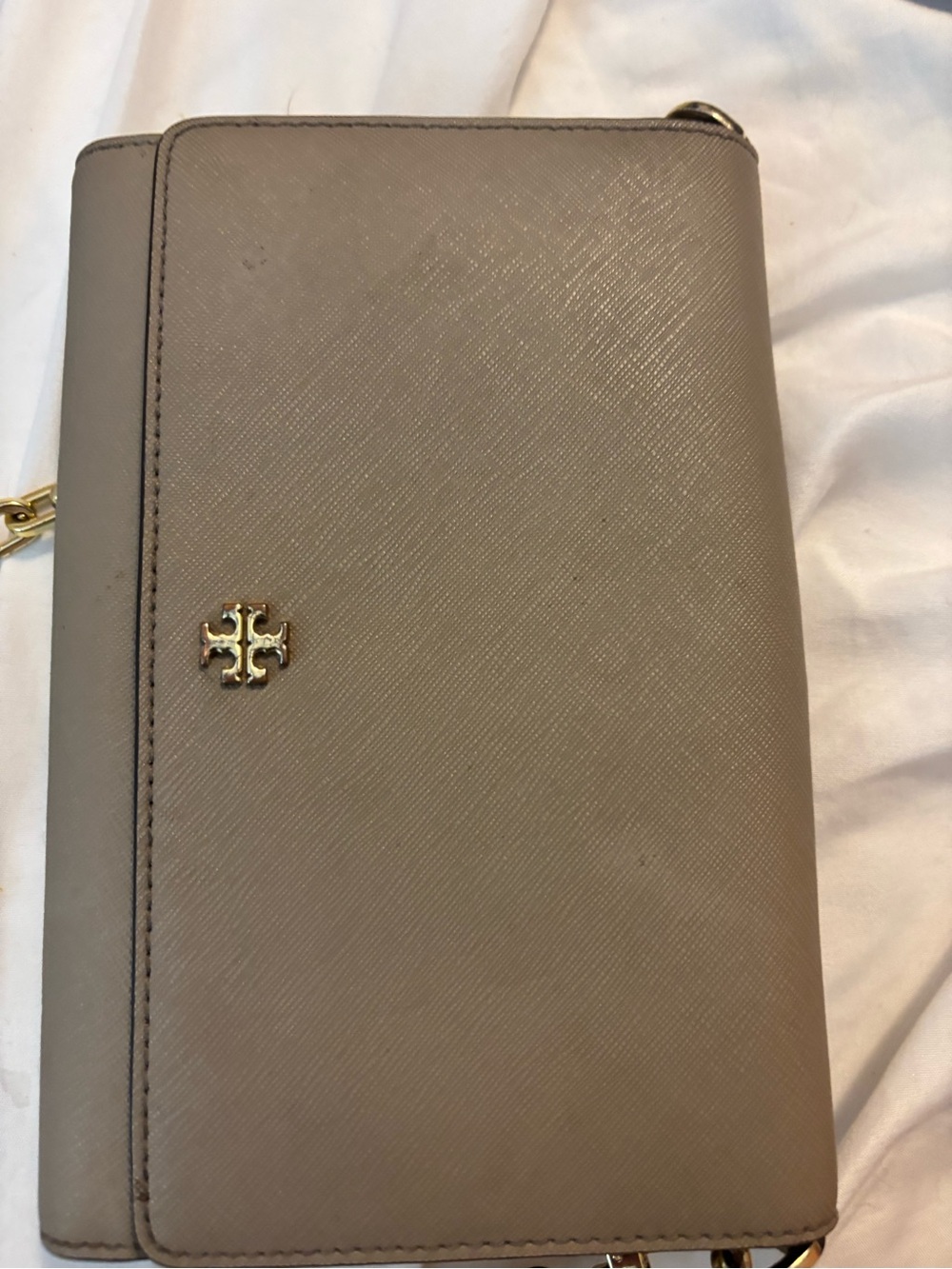 Tory Burch Taupe Saffiano Leather Wallet Crossbody with Gold Logo